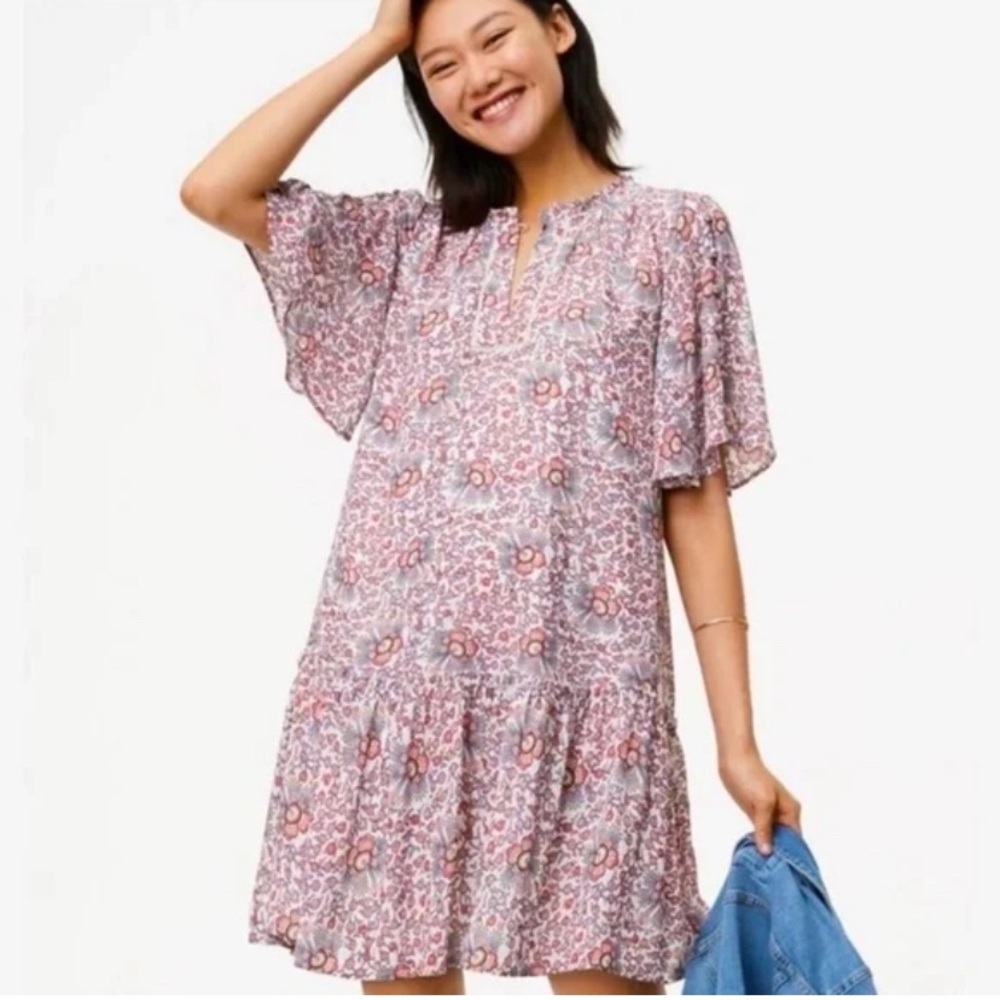 LOFT Floral Boho flutter sleeve mauve Dress size M